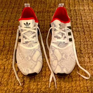 Adidas NMD- white/black snakeskin print with red trim